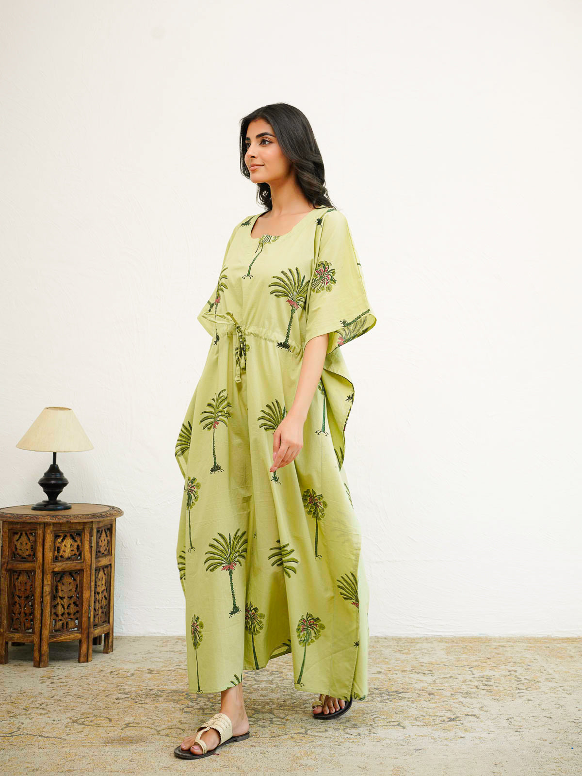 Block-Printed Cotton Long Kaftan Green Tree