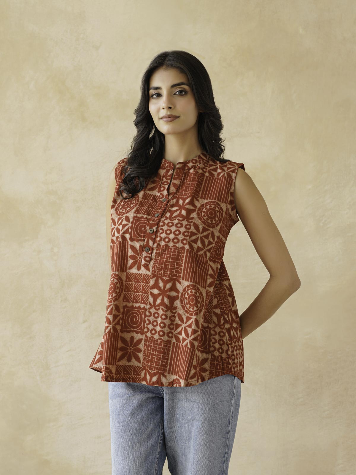 Cotton Printed Sleeveless Tunic Top For Women Red