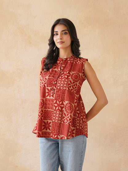 Cotton Printed Sleeveless Tunic Top For Women Red