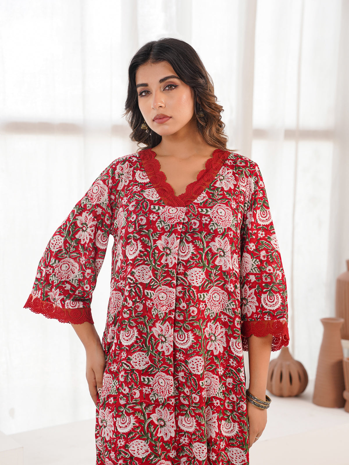 Block Printed Cotton Kurta Pant Bagiya Set Red Flower