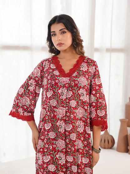 Block Printed Cotton Kurta Pant Bagiya Set Red Flower