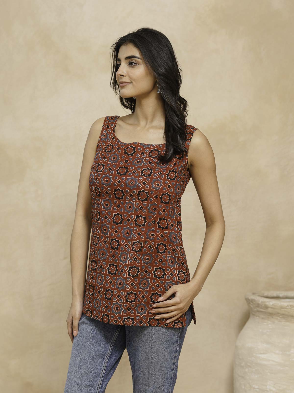 Cotton Printed Stylish Backless Tie-Up Kurti Ajrakh