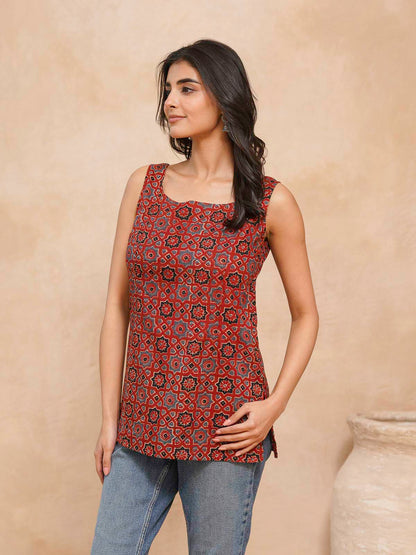 Cotton Printed Stylish Backless Tie-Up Kurti Ajrakh