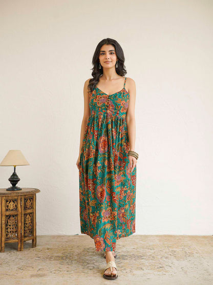 V-Neck Long Strappy Dress Dark Green