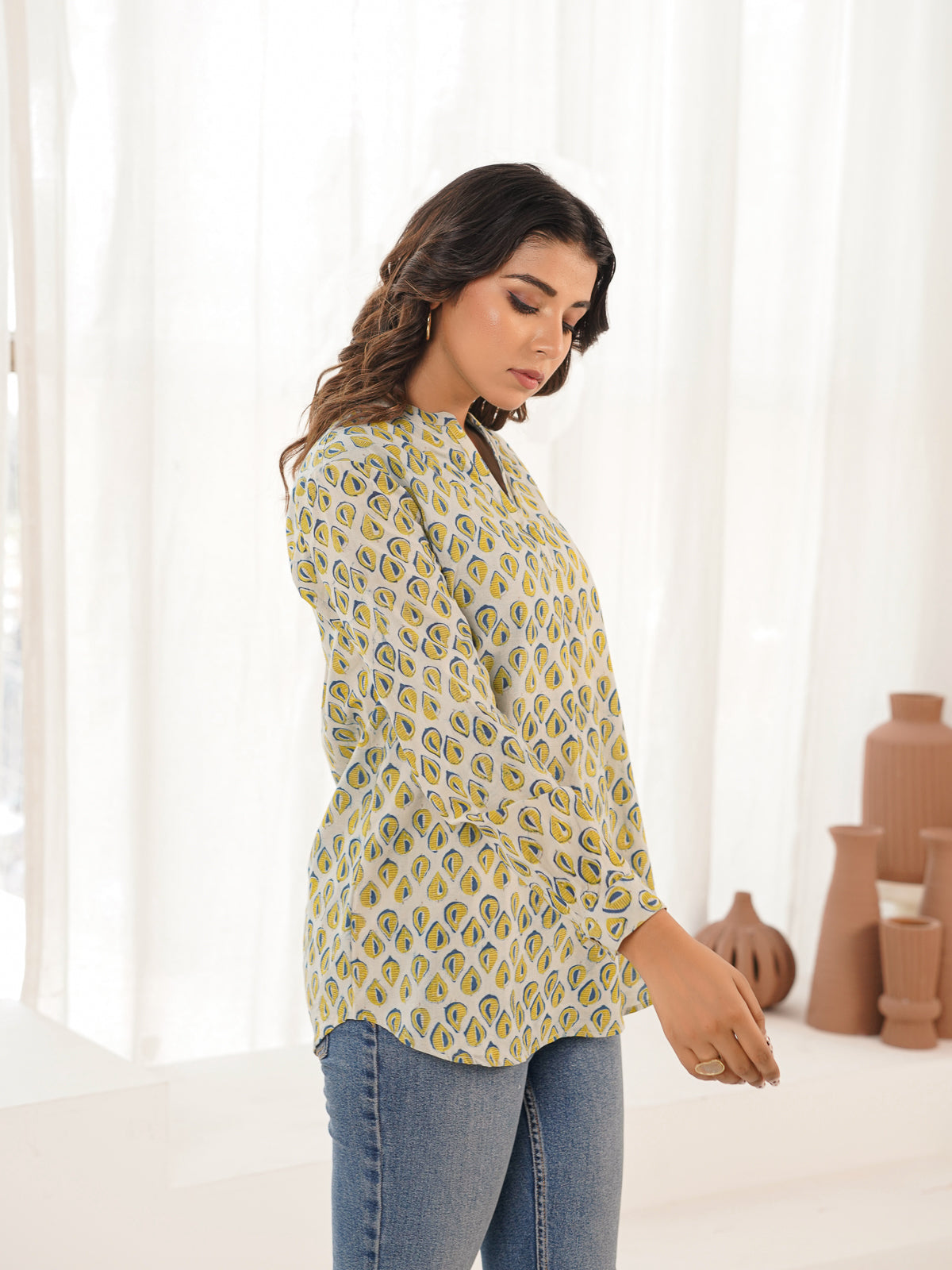 Cotton Printed Top For Women Yellow Leaf