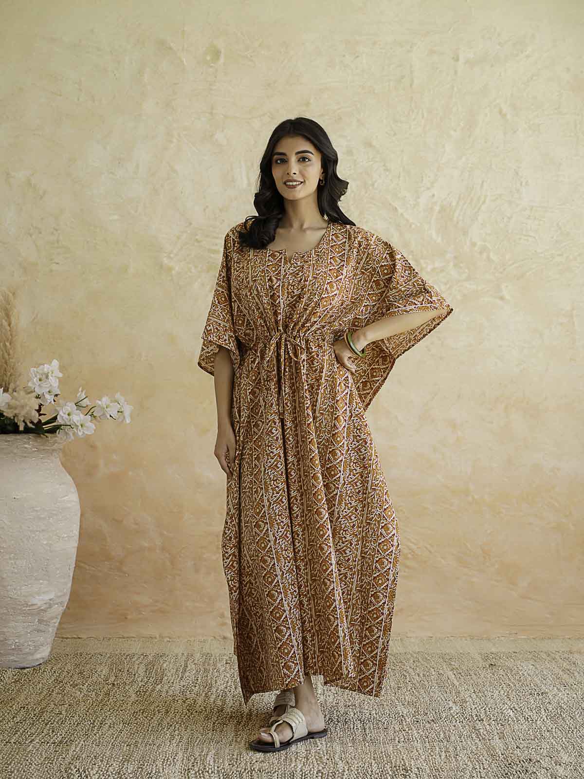 Block-Printed Cotton Long Kaftan Red Patti