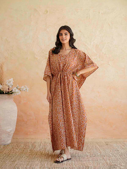 Block-Printed Cotton Long Kaftan Red Patti