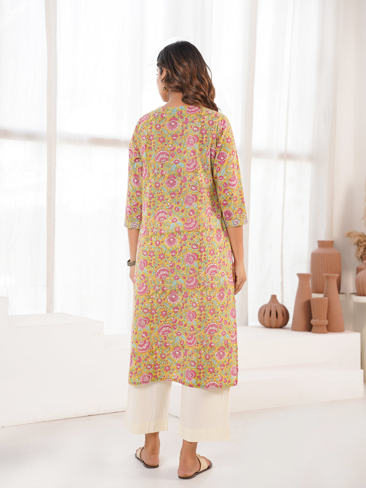 Cotton Block Printed Long Kurta Parrot Green