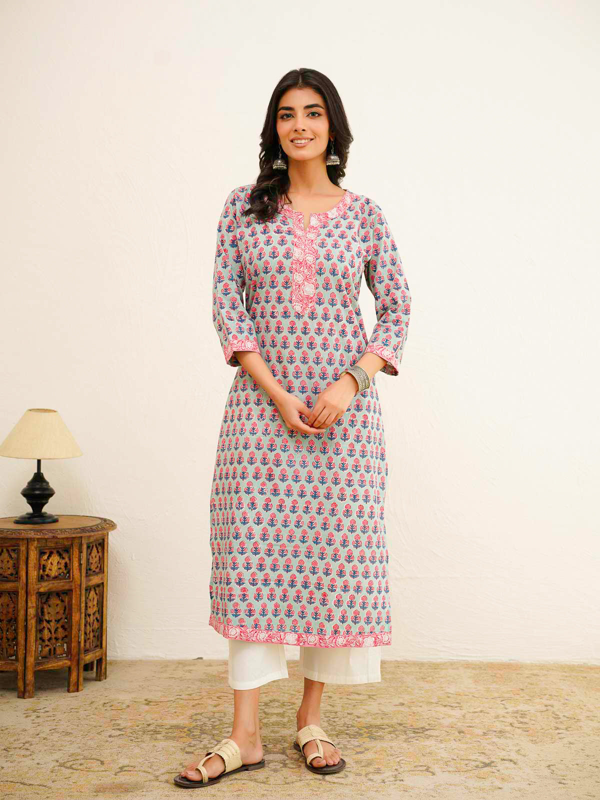 Cotton Block Printed Long Kurta Green Booty