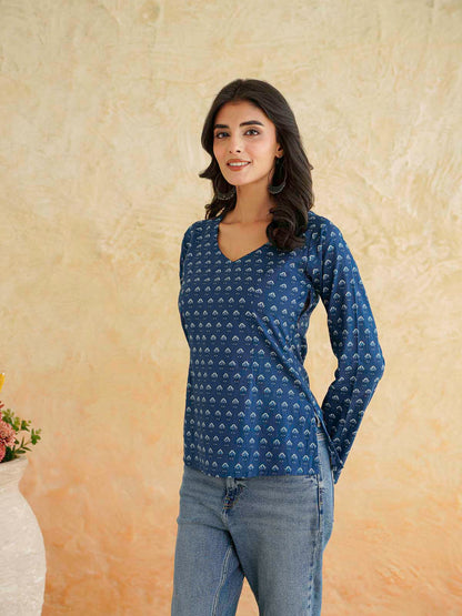 Full Sleeve Cotton Printed Classic Vee Top Indigo Booty