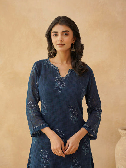 Cotton Printed Kantha Style Set For Women Indigo