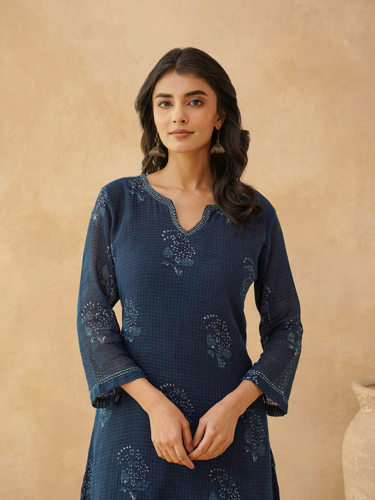 Cotton Printed Kantha Style Set For Women Indigo