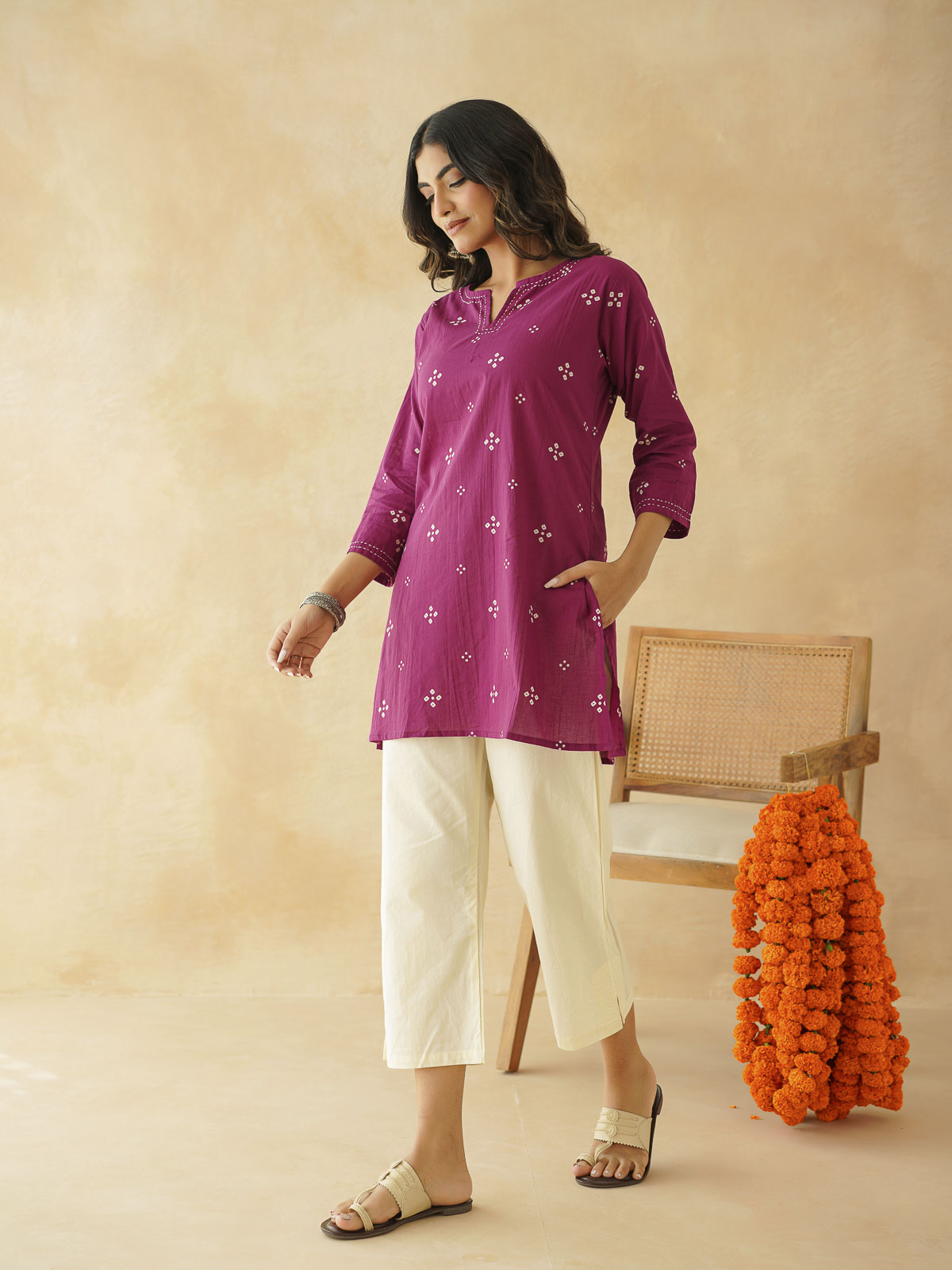 Cotton Printed Kantha Kurta Purple