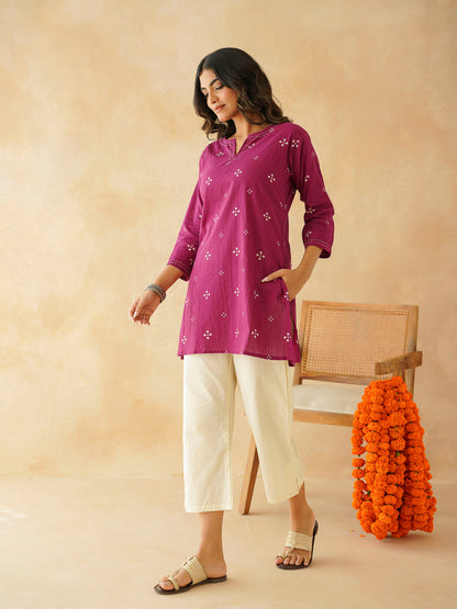 Cotton Printed Kantha Kurta Purple