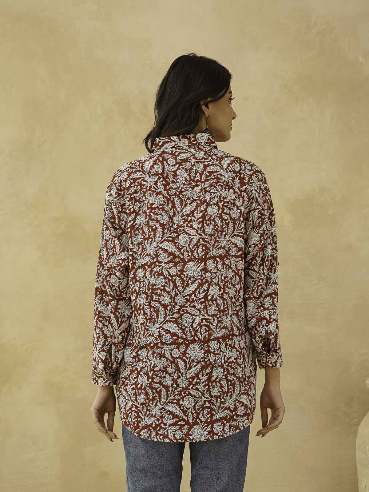 Block Printed Cotton Meher Shirt Red Jaal