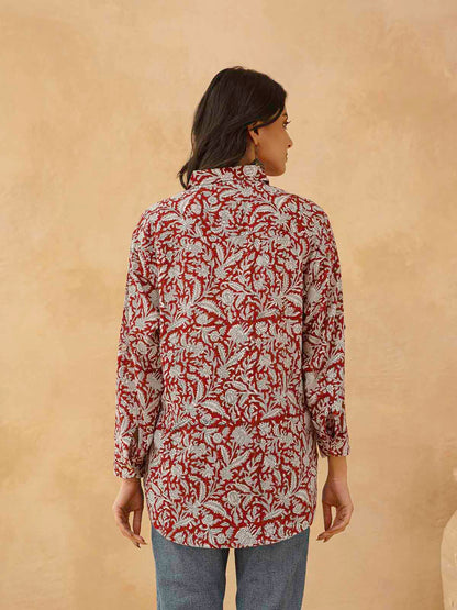 Block Printed Cotton Meher Shirt Red Jaal