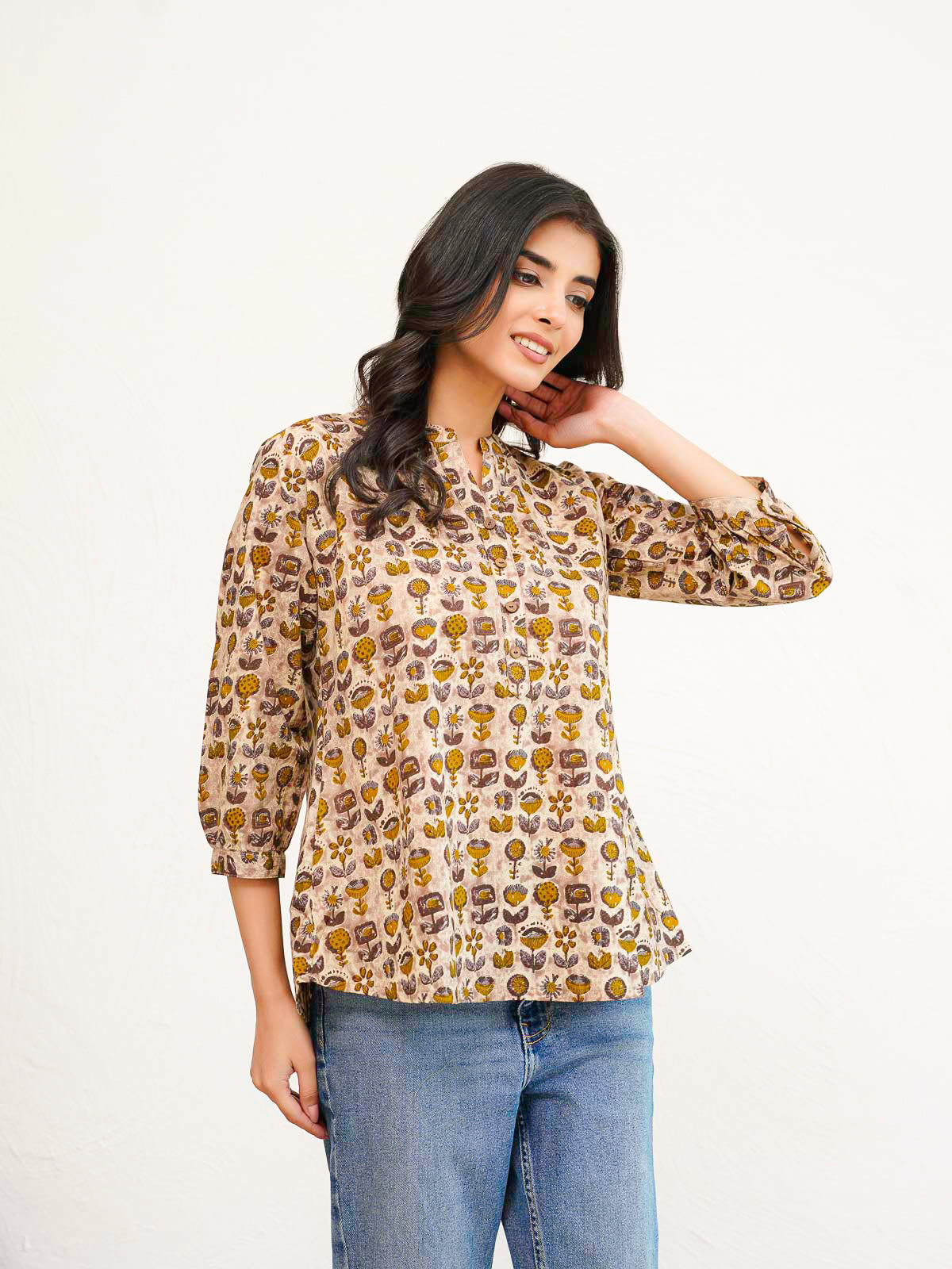 Cotton Printed Everyday Tunic Top For Women Brown
