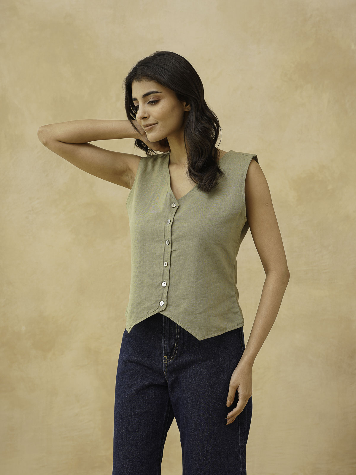 Classic Linen Vest For Women Green