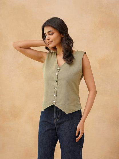 Classic Linen Vest For Women Green