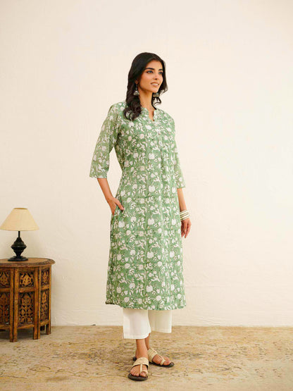 Cotton Pleat Kurta For Women Green