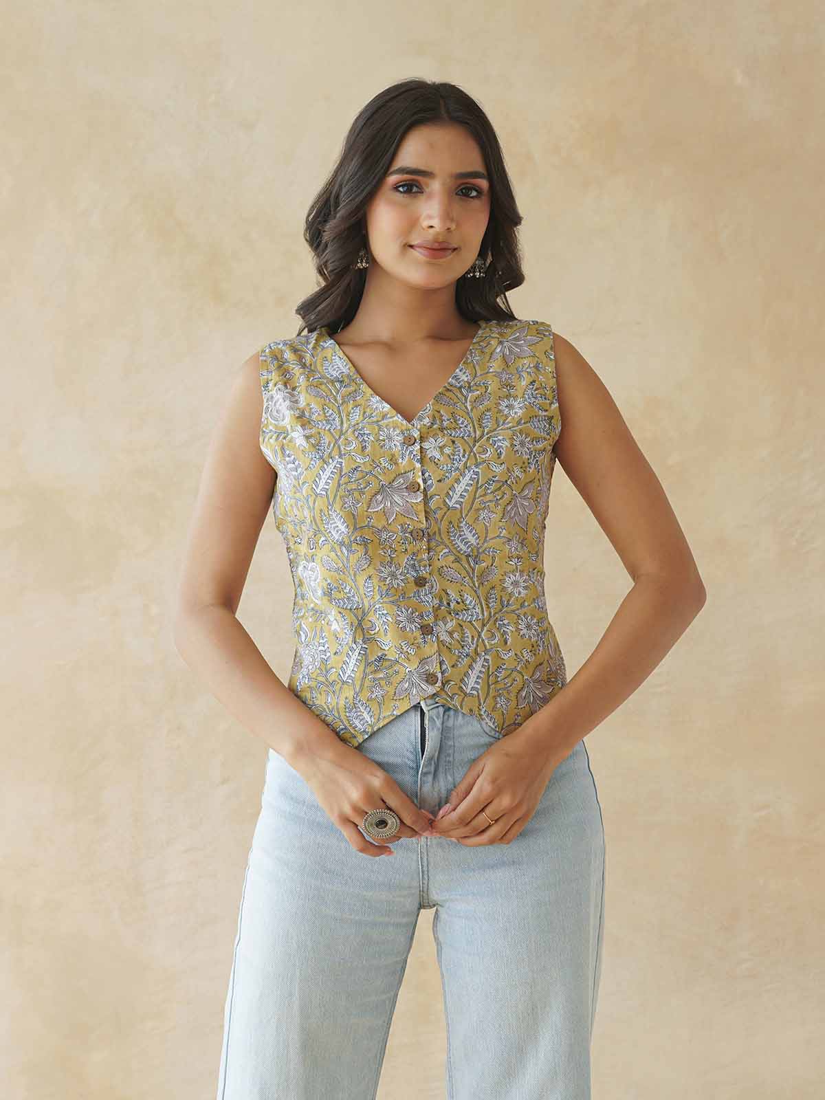 Sleeveless Cotton Block Printed Kothi Top Mustard