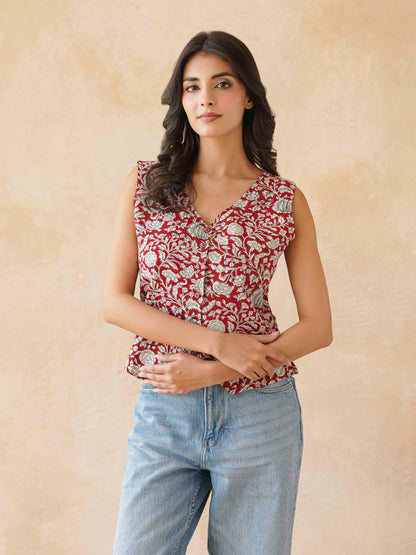 Sleeveless Cotton Block Printed Kothi Top Red Jaal