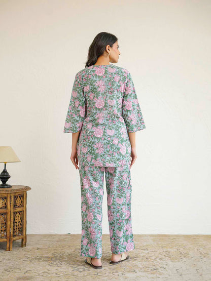 Cotton Printed Lounge Wear Coord Set Light Green