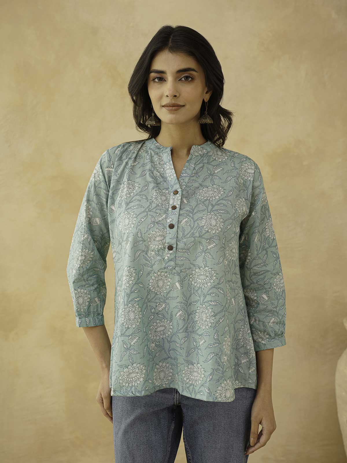 Cotton Printed Everyday Tunic Top For Women Green