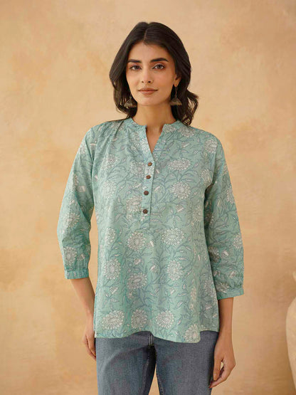Cotton Printed Everyday Tunic Top For Women Green