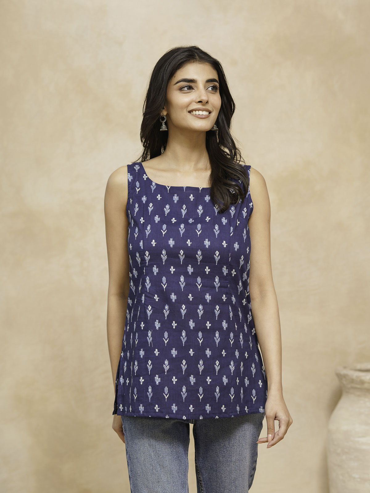 Cotton Printed Stylish Backless Tie-Up Kurti Blue