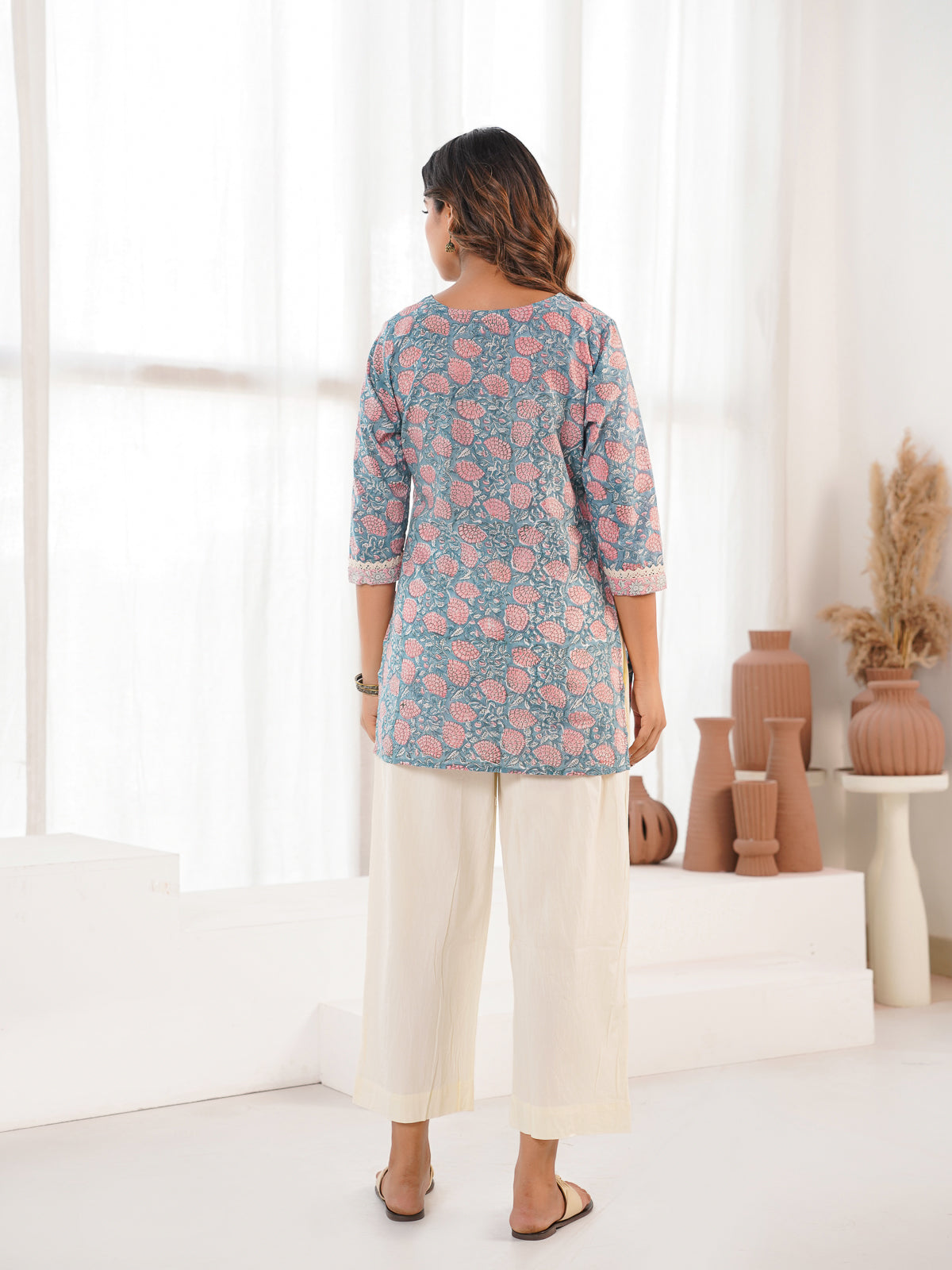 Block-Printed Cotton Zoya Kurti Grey Booty