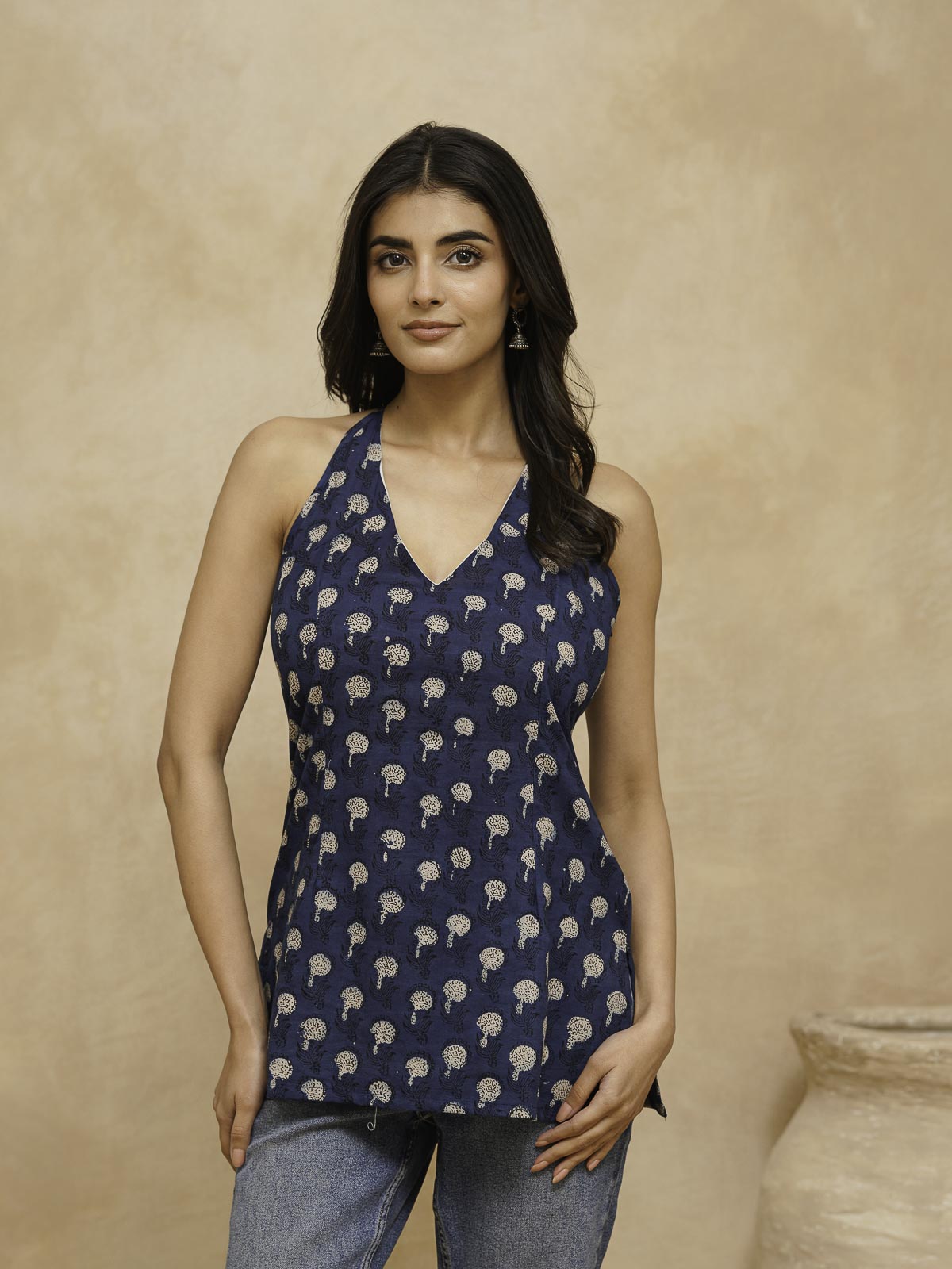 Cotton Printed Stylish Halter Tie-Up Kurti Indigo