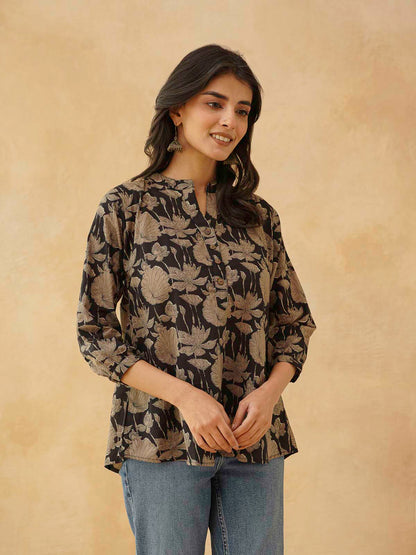 Cotton Printed Everyday Tunic Top For Women Black Grey