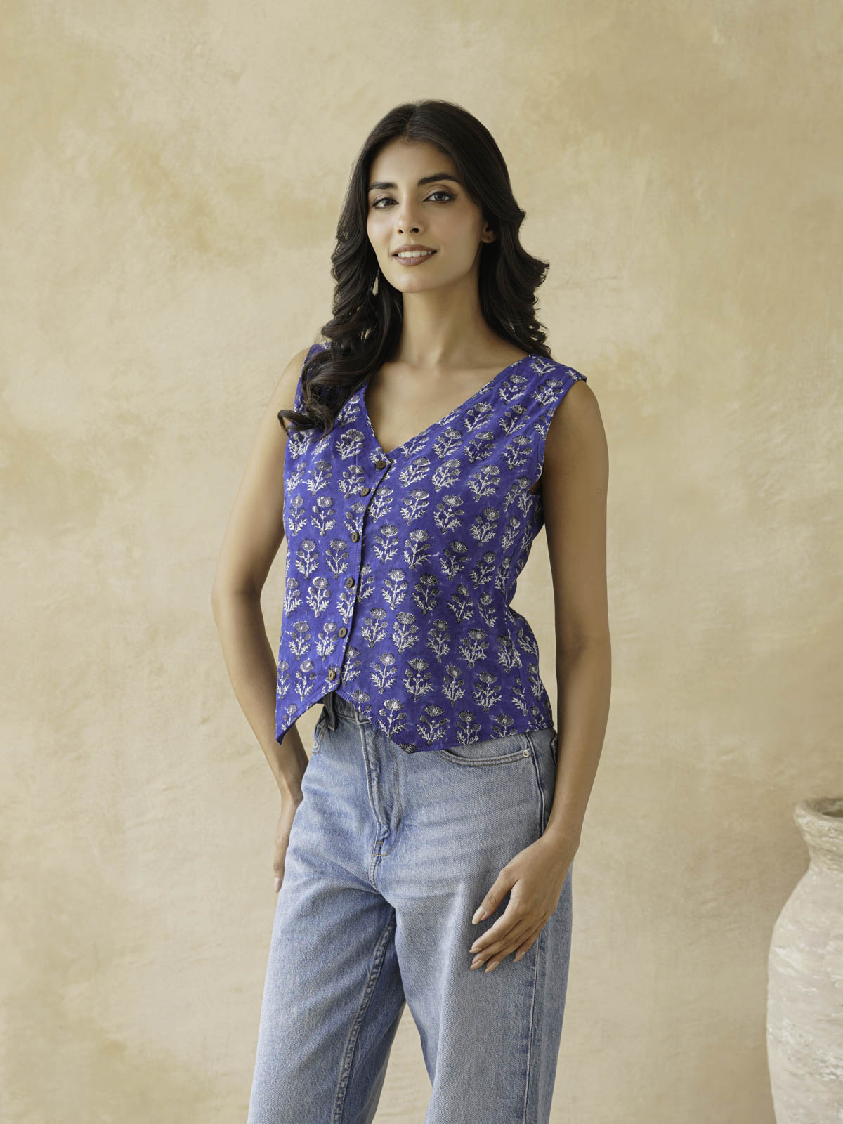 Sleeveless Cotton Block Printed Kothi Top Royal Blue