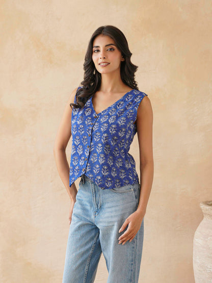 Sleeveless Cotton Block Printed Kothi Top Royal Blue
