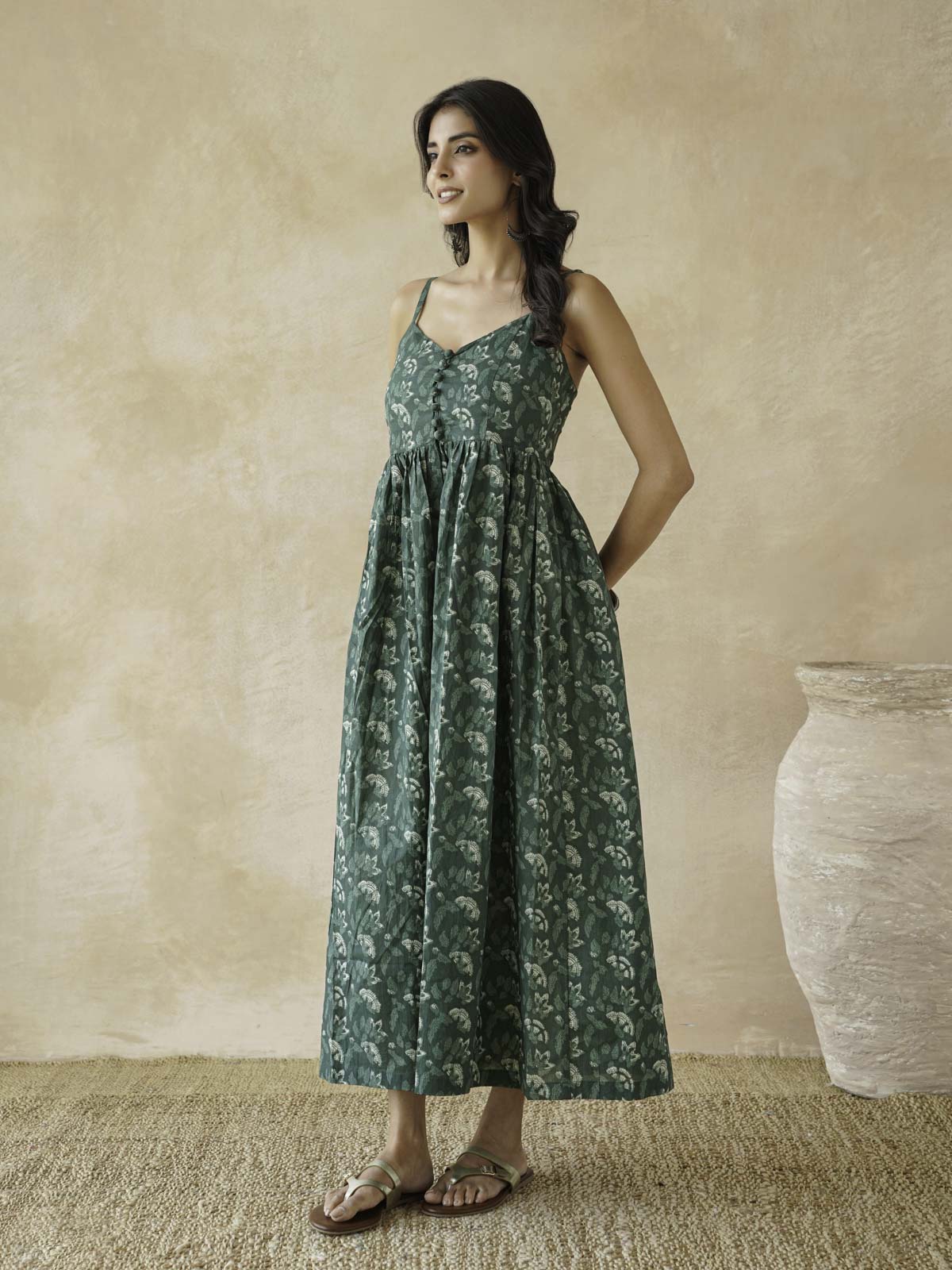 V-Neck Long Strappy Dress Forest Green