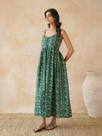 V-Neck Long Strappy Dress Forest Green