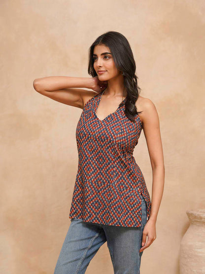Cotton Printed Stylish Halter Tie-Up Kurti Bandhej