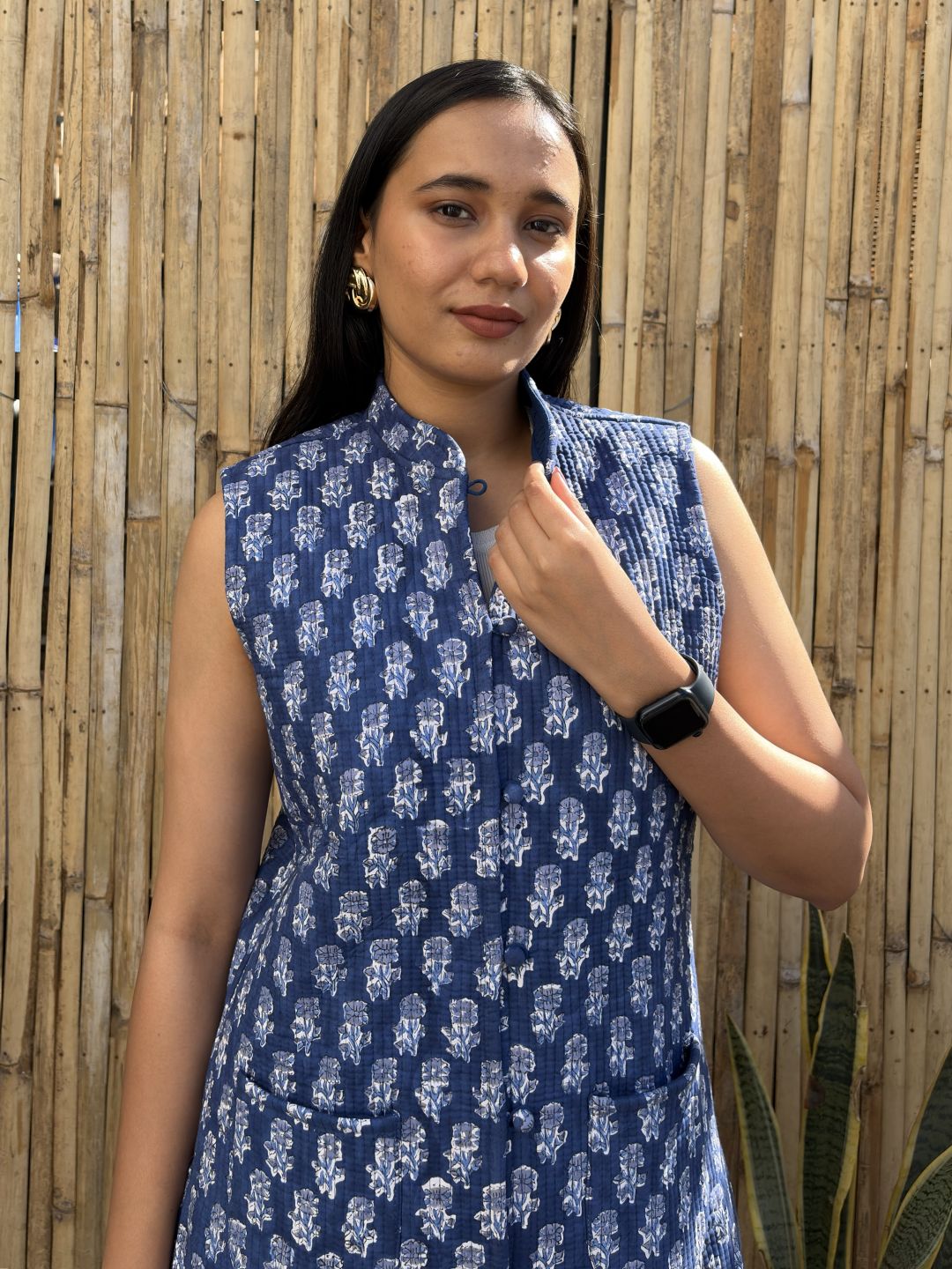 Cotton Printed Sleeveless Quilted Jacket Indigo Booty