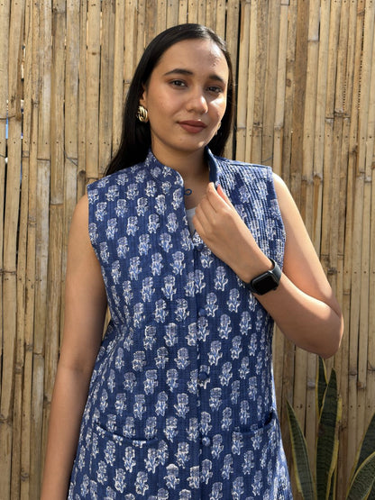Cotton Printed Sleeveless Quilted Jacket Indigo Booty