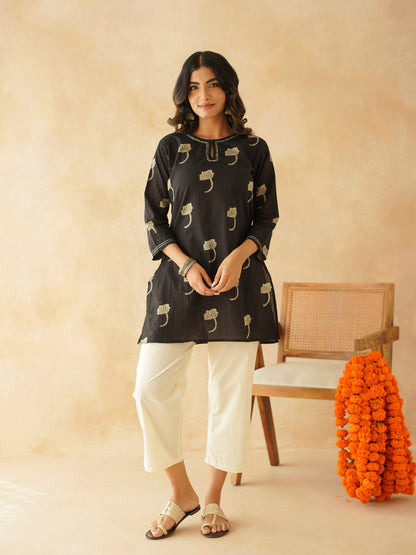 Cotton Printed Kantha Kurta Black