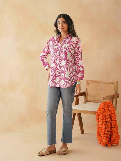 Block Printed Cotton Meher Shirt Pink