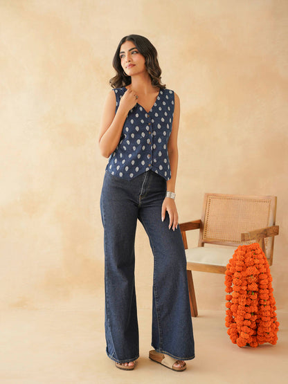 Sleeveless Cotton Block Printed Kothi Top Indigo Booty