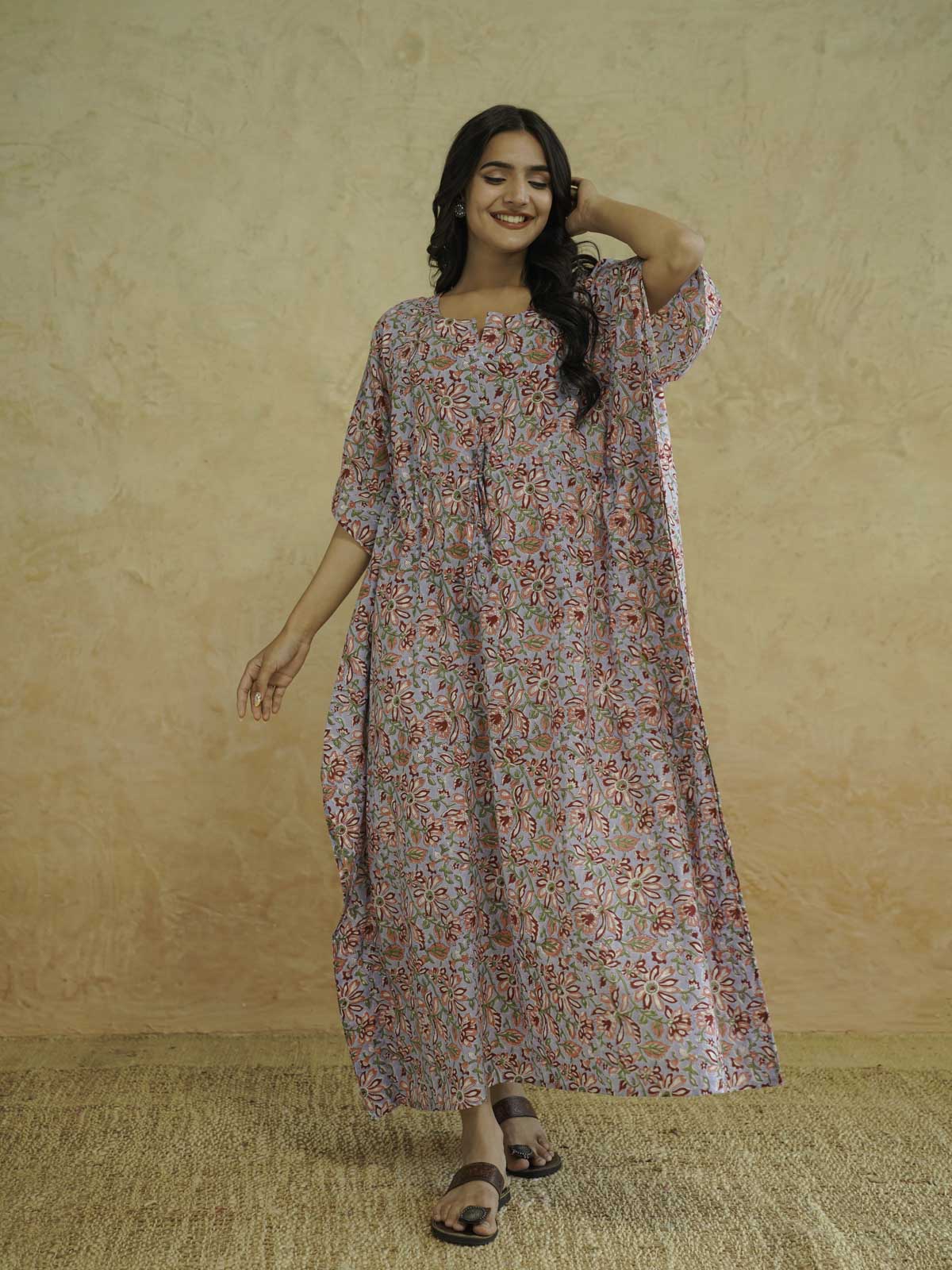 Block-Printed Cotton Long Kaftan Blue Jaal