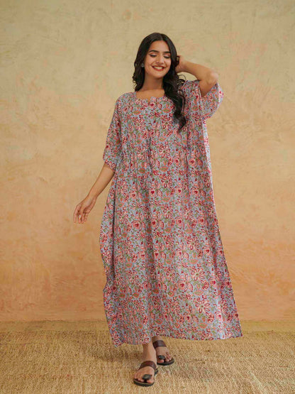 Block-Printed Cotton Long Kaftan Blue Jaal