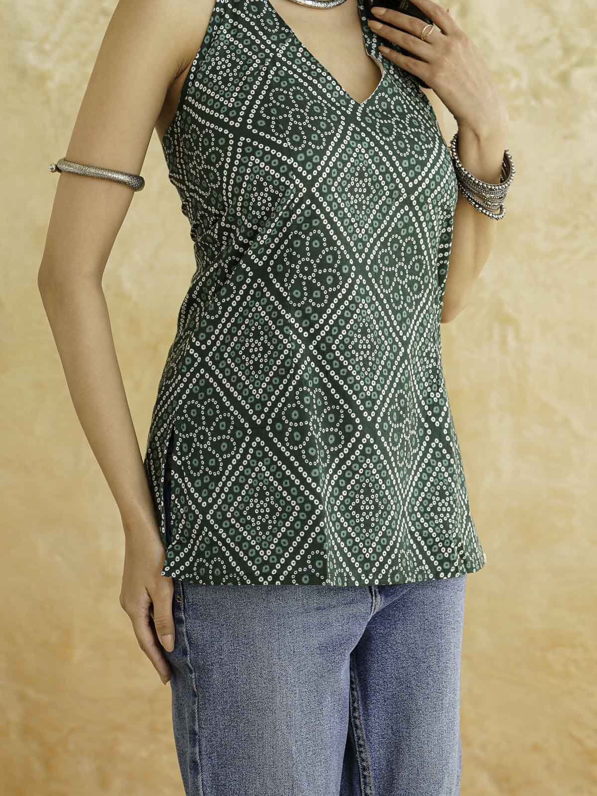 Cotton Printed Stylish Halter Tie-Up Kurti Green