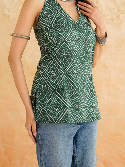 Cotton Printed Stylish Halter Tie-Up Kurti Green