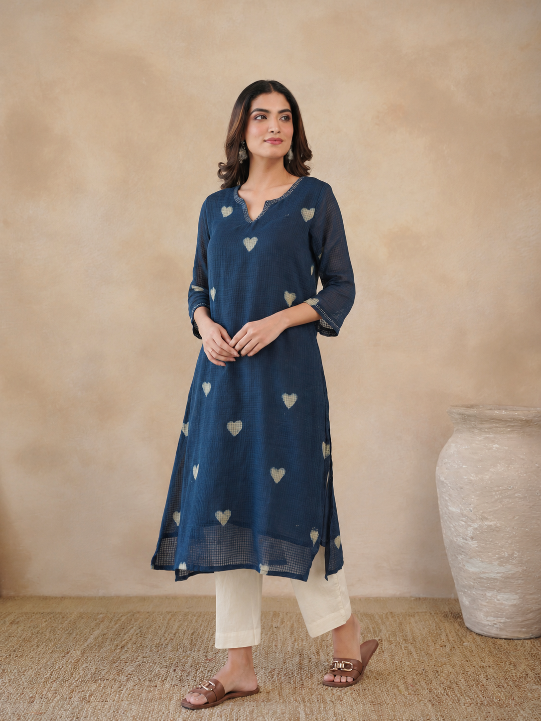 Cotton Printed Kantha Style Set For Women Indigo Heart