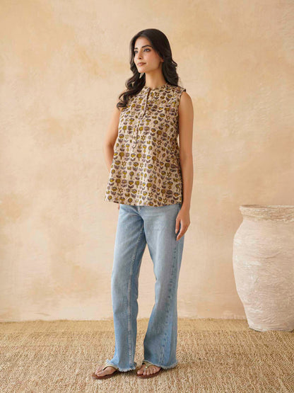 Cotton Printed Sleeveless Tunic Top For Women Brown