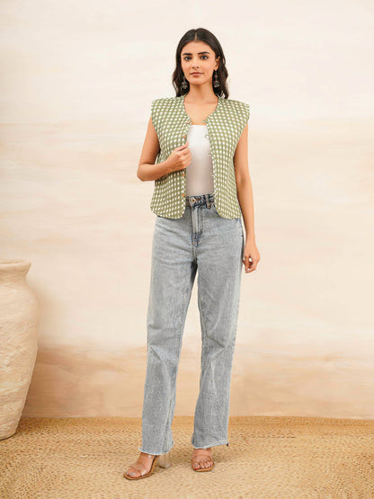 Cotton Printed Crop Sleeveless Quilted Jacket Green